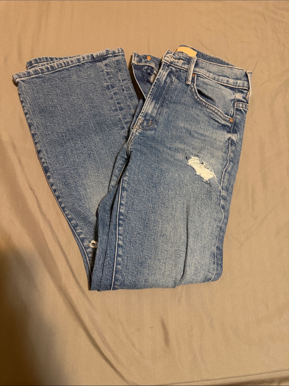 MOTHER Straight-Leg Jeans in Light Blue with Distressed Detail
